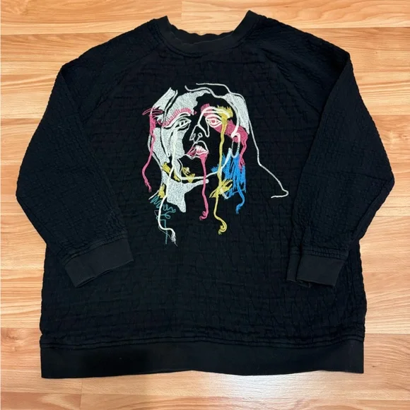Zara Abstract Art to Wear Black Sweatshirt Embroidered Face Size Medium - Picture 6 of 8